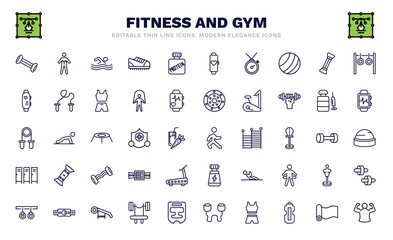 set of fitness and gym thin line icons. fitness and gym outline icons such as chest expanders, man swimming, training watch, sport watch, grip, stretching leg exercise, locker, gymnastic rings,