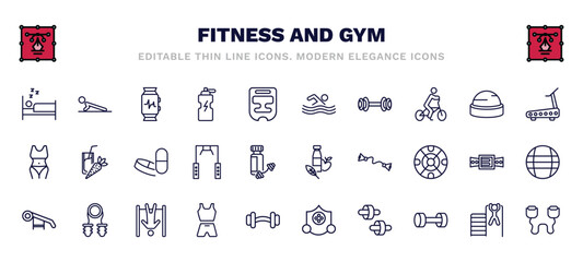 set of fitness and gym thin line icons. fitness and gym outline icons such as sleep, fitness watch, man swimming, running treadmill, pill and tablet, nutrition, press simulator, sport wear, wheel,