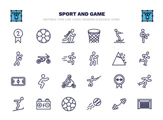 set of sport and game thin line icons. sport and game outline icons such as second prize, biathlon, jet surfing, motocross, snow slide zone, squat, weight lifting medal, batter, home run, hockey