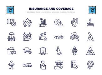 set of insurance and coverage thin line icons. insurance and coverage outline icons such as coverage area, finances, actual cash value, familiar insurance, stone on the road, car replacement value,