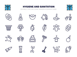 set of hygiene and sanitation thin line icons. hygiene and sanitation outline icons such as sanitary napkin, beardy, wet cleaning, hand dryer, body odour, face washer, face towel, body cream, nail