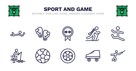 set of sport and game thin line icons. sport and game outline icons such as two boxing gloves, weight lifting medal, biathlon, dancer motion, fisher fishing, fisher fishing, soccer football ball,