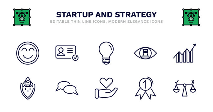 set of startup and strategy thin line icons. startup and strategy outline icons such as identity, bulb, strategic vision, increase, startup shield, shield, discussion, care, first, decision vector.