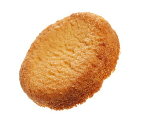 Shortbread biscuits flying, breton style, close up tea pastry with butter isolated on white, clipping path