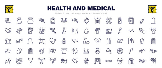 set of health and medical thin line icons. health and medical outline icons such as blood pressure gauge, kettlebell, condom, pipette, biceps, medical file, bio, girl, orange juice vector.