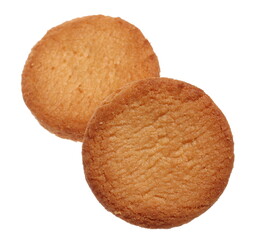 Shortbread biscuits flying, breton style, close up tea pastry with butter isolated on white, clipping path