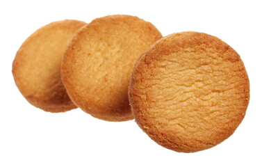 Shortbread biscuits flying, breton style, close up tea pastry with butter isolated on white, clipping path