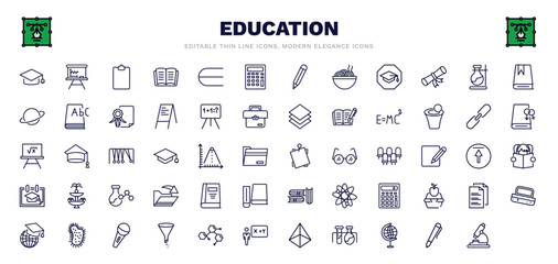 set of education thin line icons. education outline icons such as graduate cap, blank clipboard, adding hine, florence flask, relativity formulae, black folder, open file, parasites, biology