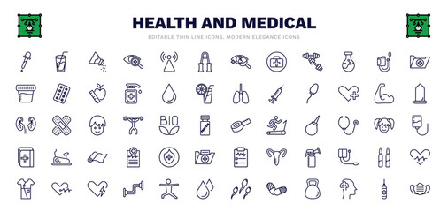 set of health and medical thin line icons. health and medical outline icons such as pipette, salt, handgrip, sphygmomanometer, spermatozoon, measure tape, medical shield, defibrillator, mask vector.