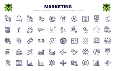set of marketing thin line icons. marketing outline icons such as flyer, rss, offer, gazette, web cursor, web graphic, checklist, execution, business eye vector.