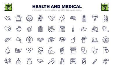 set of health and medical thin line icons. health and medical outline icons such as antibiotics, injury, ophthalmology, health care, measure tape, girl, blood, urology, running vector.
