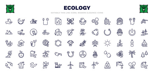 set of ecology thin line icons. ecology outline icons such as raindrop on a hand, eco industry, awareness, eco power, reload, olives on a branch, watering can, seeds, biodiesel vector.