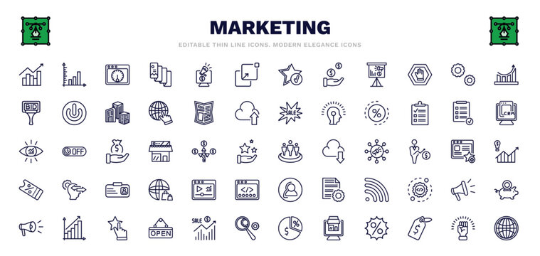 set of marketing thin line icons. marketing outline icons such as trend, velocity test, pop up, service, ratio, affiliate, video marketing, appreciation, web graphic vector.