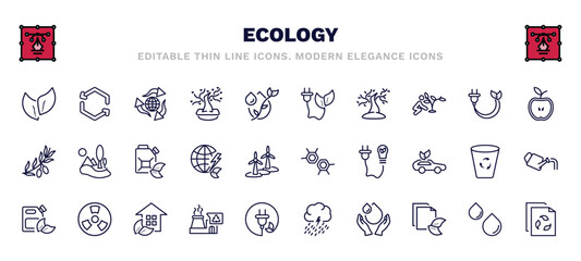 set of ecology thin line icons. ecology outline icons such as two leaves, recycling, eco energy, half, eco fuel, eco cell, bio fuel, recycling factory, save water, recycled paper vector.