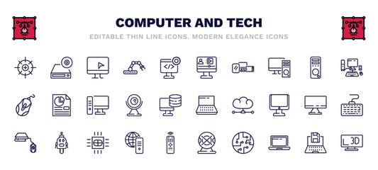 set of computer and tech thin line icons. computer and tech outline icons such as calibrate, computer monitor, video lecture, workstation, widescreen laptop, book and mouse, internet server, chips,