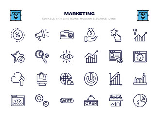 set of marketing thin line icons. marketing outline icons such as ratio, id, appreciation, analyze, favorite web, online store, yield, service, open, margin vector. - obrazy, fototapety, plakaty