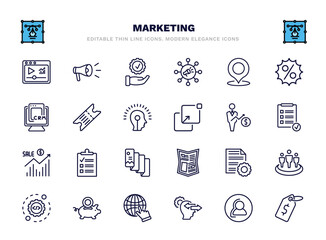 set of marketing thin line icons. marketing outline icons such as video marketing, execution, place, eticket, salesman, checklist, content management, pig bank, behavior, price vector.