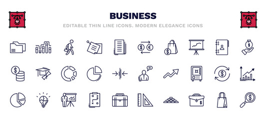 set of business thin line icons. business outline icons such as two folders, employee going to work, currency exchange, give money, pie chart statistics, man talking, circular pie chart, tactic,