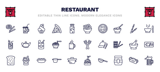 set of restaurant thin line icons. restaurant outline icons such as sushi piece, cupcake with cream, bowl of olives, hot soup, open tin with spoon, salad fork, toasted bread, lateral pan, strainer