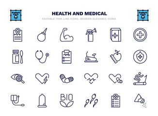 set of health and medical thin line icons. health and medical outline icons such as medical report, biceps, book, phonendoscope, nutrition, defibrillator, antibiotics, condom, sperm, salt vector. - obrazy, fototapety, plakaty