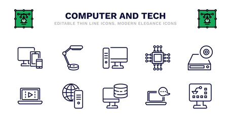 set of computer and tech thin line icons. computer and tech outline icons such as study lamp, workstation, square chip, dvd drive, computer video, video, internet server, pc storage, online chat,