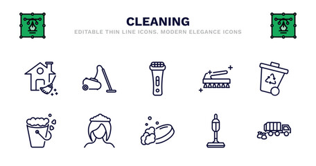 set of cleaning thin line icons. cleaning outline icons such as vacuum cleanin, shaver cleanin, brush cleanin, wiping trash container, bucket bucket wiping woman head, soap vacuum, garbage truck