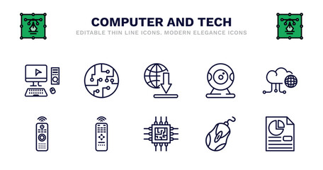 set of computer and tech thin line icons. computer and tech outline icons such as chips, download from the net, webcamera, information network, tv controller, tv controller, tv remote, computer