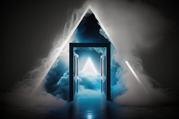 Abstract background featuring a bright neon triangular doorway suspended above a black concrete floor and billowing smoke in the distance. Generative AI