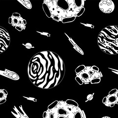 Open space. UFOs, spaceships, rockets. Solar system, Intergalactic travel. Galaxies, planets, asteroids, comets, shooting stars. Black and white pattern. Vector.