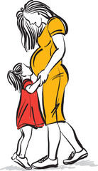 Fototapeta na wymiar pregnant mother with litthe girl daughter maternity new born concept vector illustration