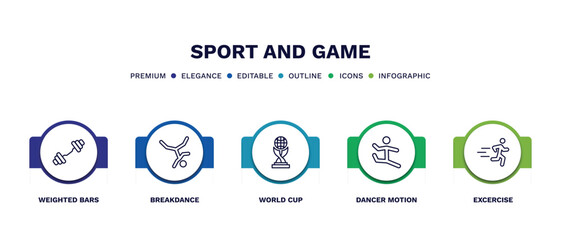 set of sport and game thin line icons. sport and game outline icons with infographic template. linear icons such as weighted bars, breakdance, world cup, dancer motion, excercise vector.