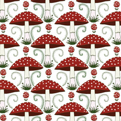 Amanita pattern. Poison mushrooms. Vector illustration.