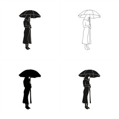 set of silhouette illustrations of women with umbrellas