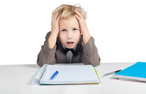 Boring and tired little boy with notepad  on white