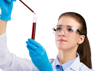 Young attractive female scientist in protective gloves