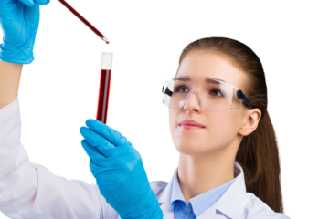 Young attractive female scientist in protective gloves