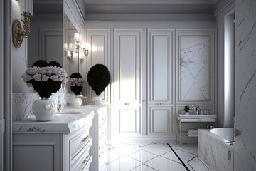Modern Bathroom Interior Design in White Colors. Illustration Generative AI