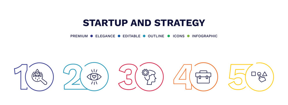 set of startup and strategy thin line icons. startup and strategy outline icons with infographic template. linear icons such as startup project search, attractive, strategy thought, experience,
