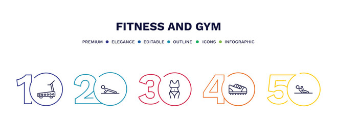 set of fitness and gym thin line icons. fitness and gym outline icons with infographic template. linear icons such as running treadmill, push up, fitness body, trainers, abdominal exercises vector.