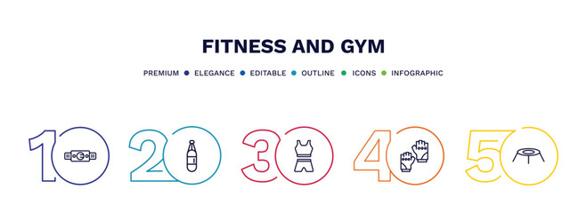 Fototapeta na wymiar set of fitness and gym thin line icons. fitness and gym outline icons with infographic template. linear icons such as fitness belt, boxing bag, female sportwear, gloves, trampoline vector.