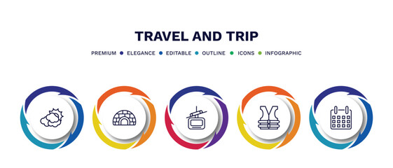 set of travel and trip thin line icons. travel and trip outline icons with infographic template. linear icons such as cloudy, igloo, cable car, lifejacket, date vector.
