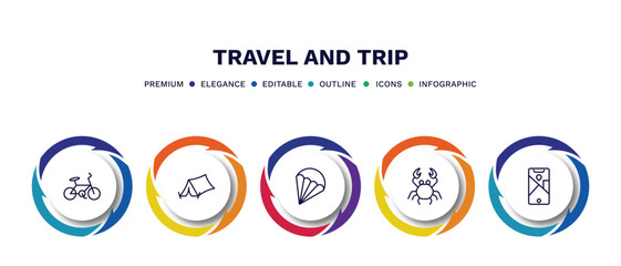 set of travel and trip thin line icons. travel and trip outline icons with infographic template. linear icons such as bike, camping tent, parasailing, crab, mobile map vector.
