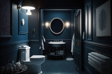 Modern Bathroom Interior Design in Dark Blue Colors. Illustration AI Generative