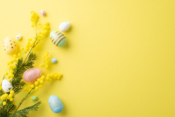 Easter decorations concept. Top view photo of colorful easter eggs and mimosa flowers on isolated yellow background with empty space