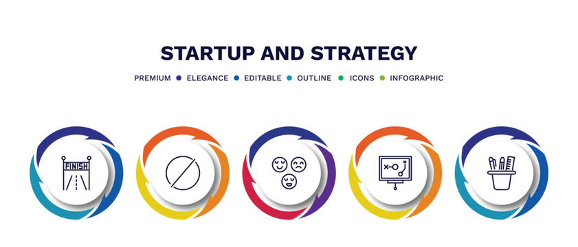 set of startup and strategy thin line icons. startup and strategy outline icons with infographic template. linear icons such as finish line, restrict, reaction, strategy sketch, stationery vector.