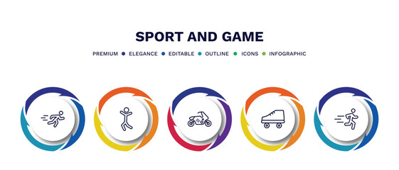 set of sport and game thin line icons. sport and game outline icons with infographic template. linear icons such as man sprinting, dancing motion, race bike, roller skate, excercise vector.