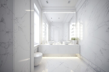 Modern Bathroom Interior Design in White Colors. Illustration Generative AI