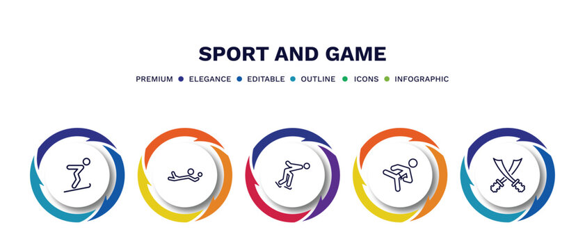 set of sport and game thin line icons. sport and game outline icons with infographic template. linear icons such as jumping ski, volleyball motion, ice skating man, karate fighter, saber vector.