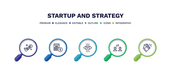 set of startup and strategy thin line icons. startup and strategy outline icons with infographic template. linear icons such as rivalry, budget, attractive, exchanging, clap vector.