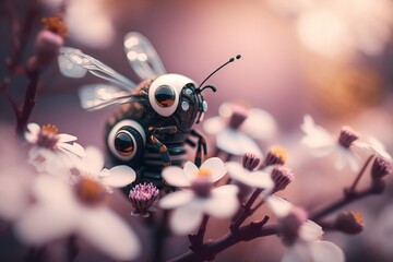 Fototapeta premium Future of insects: mechanical robot bee pollinating flowers